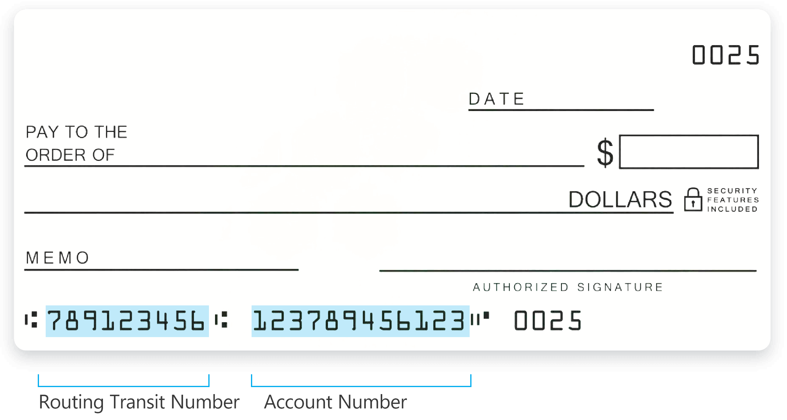 An example check that highlights where to find the routing transit number and account number