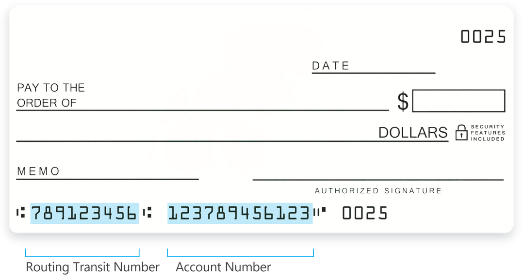 An example check that highlights where to find the routing transit number and account number