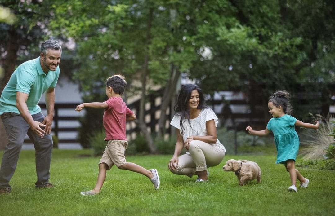 A mom and dad playing with their son, daughter, and puppy in their backyard